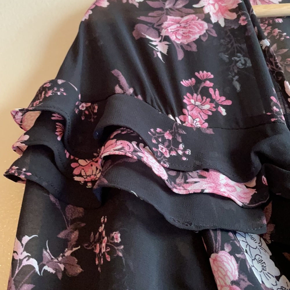NWT WAYF black floral pink flounce chiffon maxi wrap dress - Picture 7 of 14